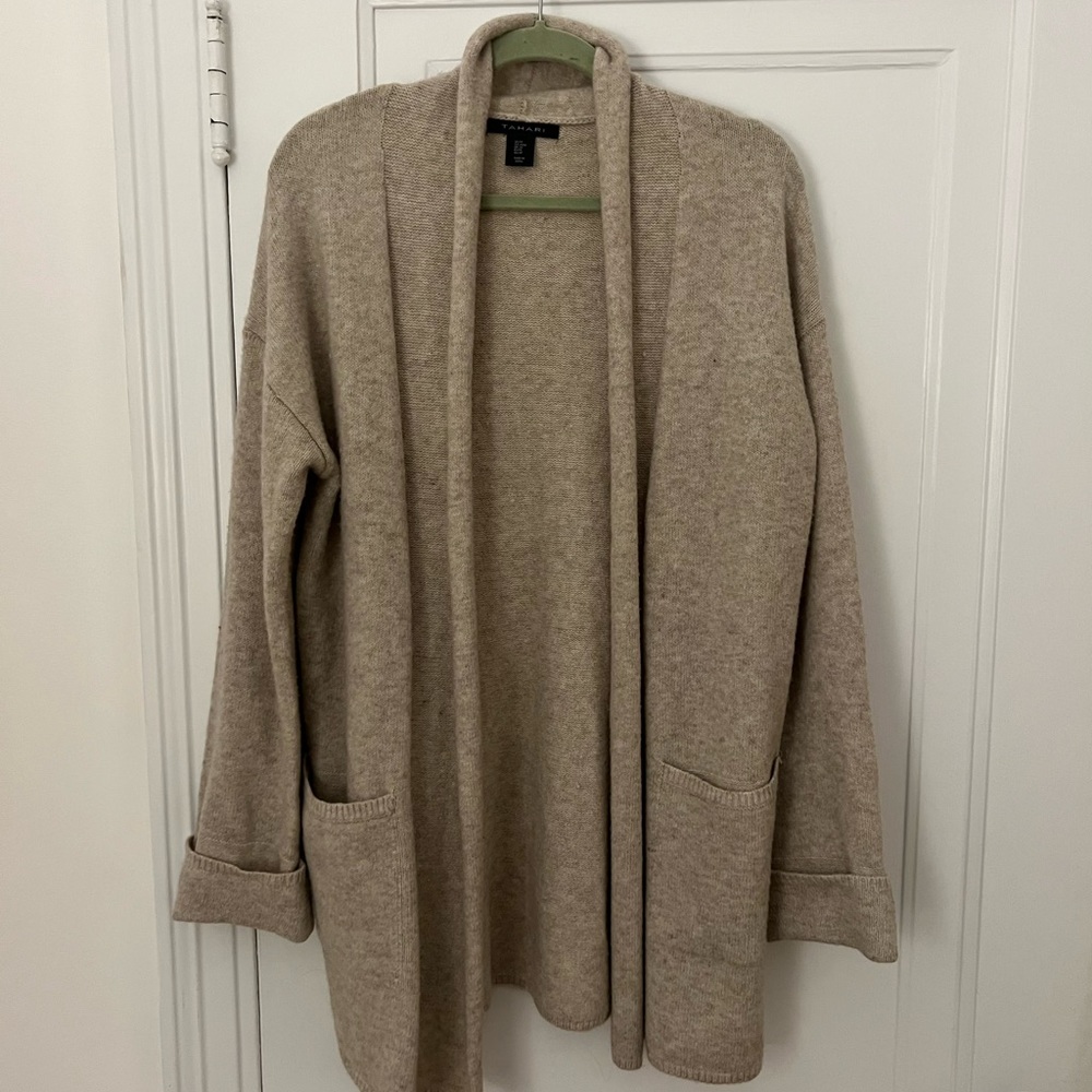 Tahari Oatmeal shawl collar cardigan, size M